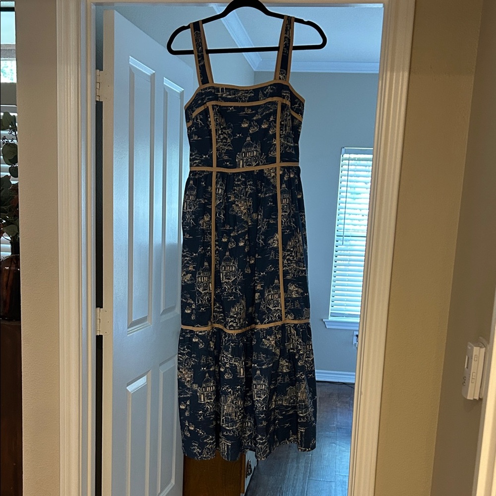 Navy Toile Print Maxi Dress with Contrast Trim